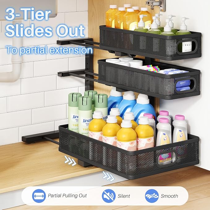Under Sink Organizer, 3-Tier Thickened Metal Pull out Cabinet Organizer Shelf, Height Adjustable Slide out Storage Drawer Rack for Kitchen Bathroom Pantry Laundry Home Organization, 2-Pack, Black - Image 7