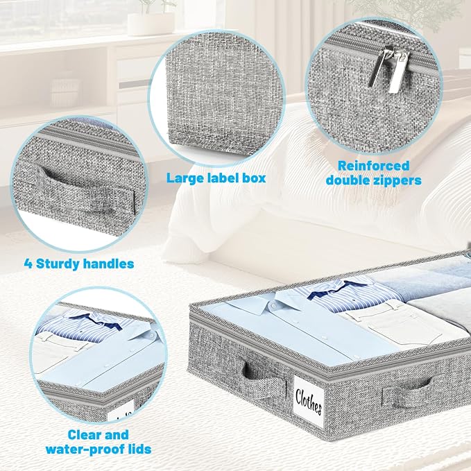 3 Inch Low Profile Under Bed Storage Drawer 4 Pack, Lightweight Underbed Clothes Storage Container Bins With NO STURCTURE, Shallow Storage Bag for Dorm & Home, With Clear Lids & Water-Resistant Fabric - Image 6