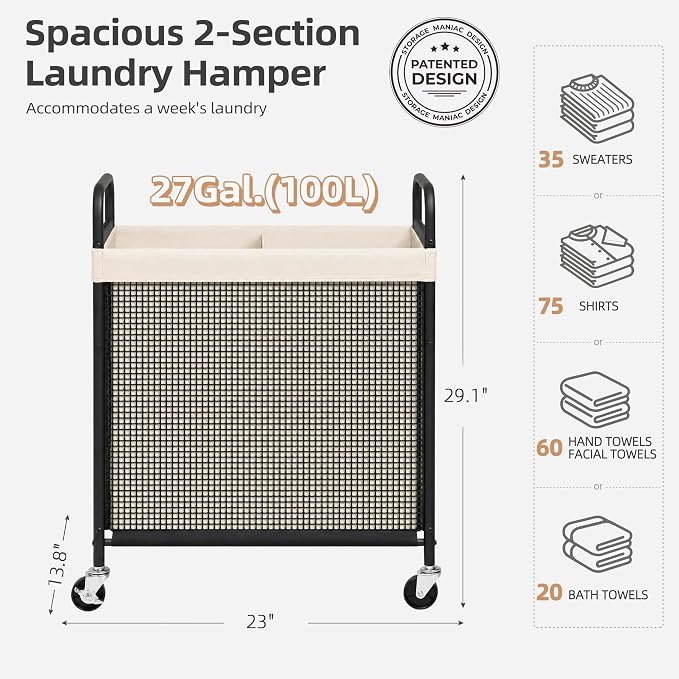 STORAGE MANIAC Rolling Laundry Hamper with Wheels 2-Section Laundry Sorter Rolling Laundrys Basket on Wheels with Removable Bag Clothes Hamper Laundrys Organizer Cart Bathroom Bedroom 100L Beige - Image 3