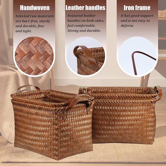 BROWNLILY Handwoven Clothes Basket Laundry Hampers Large Wicker Storage Baskets for Shelves Blankets Closet Storage Bins Car Bedroom Bathroom Organizers and Storage Bath (6, Brown) - Image 2