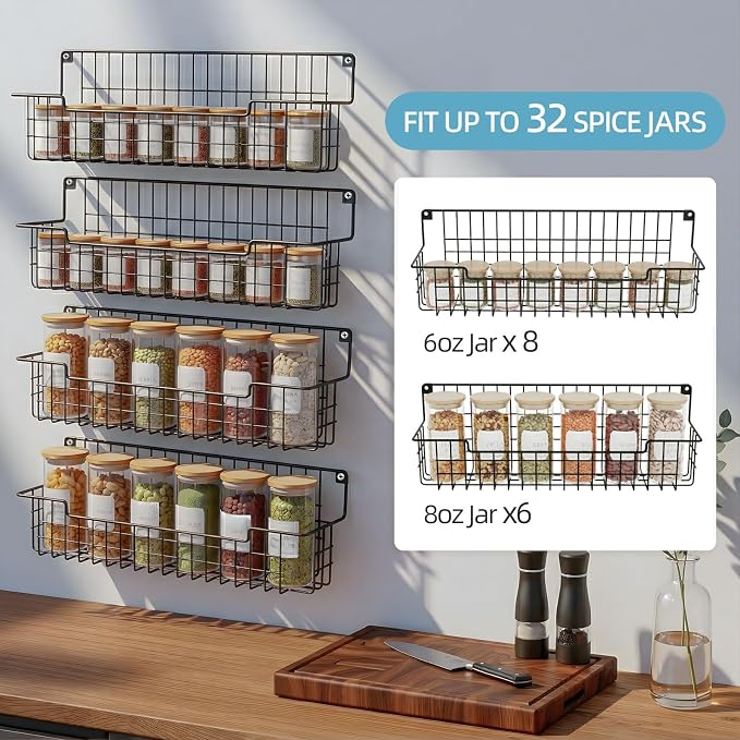 Spice Rack Wall Mount, Spice Organizer for Cabinet & Pantry Door, Set of 4 Hanging Spice Rack Saving Space for Kitchen, Black - Image 6