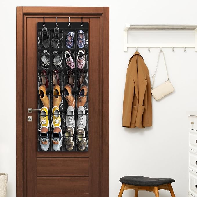 Simple Houseware 24 Pockets Large Clear Over the Door Shoe Organizer, Black | 56" x 22.5", 4 Durable Metal Hooks, 5" x 9" Pocket Size, Multipurpose - Image 6