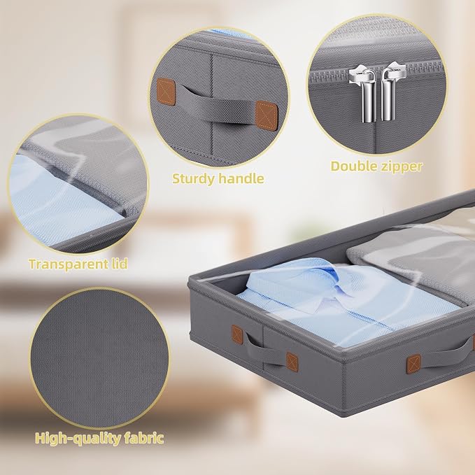 FHSQX Under Bed Storage Container 2Pack 3 Inches Low Profile Under-bed Organizer Bins Slim Under Couch Storage Box Ideal For Seasonal Clothes Blankets Towel Fabric (2, Drak Grey, 31.5 * 17 * 3in) - Image 5