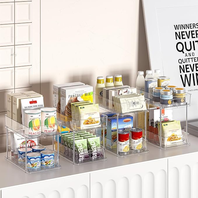 Delamu 2 Tier Under Sink Organizer Bathroom, Bathroom Cabinet Organizer with Snap-Lock Design and Hooks, Pull Out Storage with Movable Dividers, for Countertop, Kitchen and Pantry (Clear, 4 Pack) - Image 7