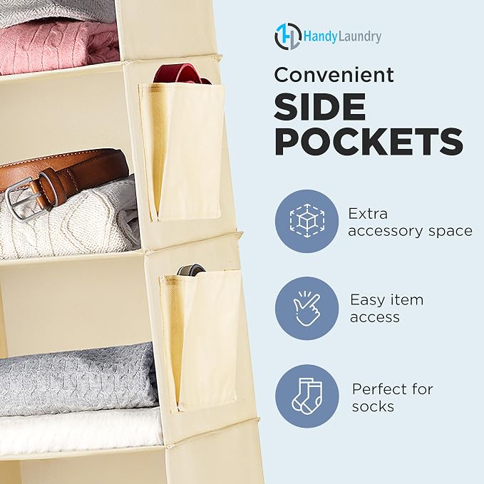 Handy Laundry Hanging Closet Organizer - 6 Shelf Storage for Clothes, Sweaters, Shoes & Accessories - Space-Saving Wardrobe Shelves with Hooks for Dorm, RV & Small Closet Organization (Beige) - Image 5