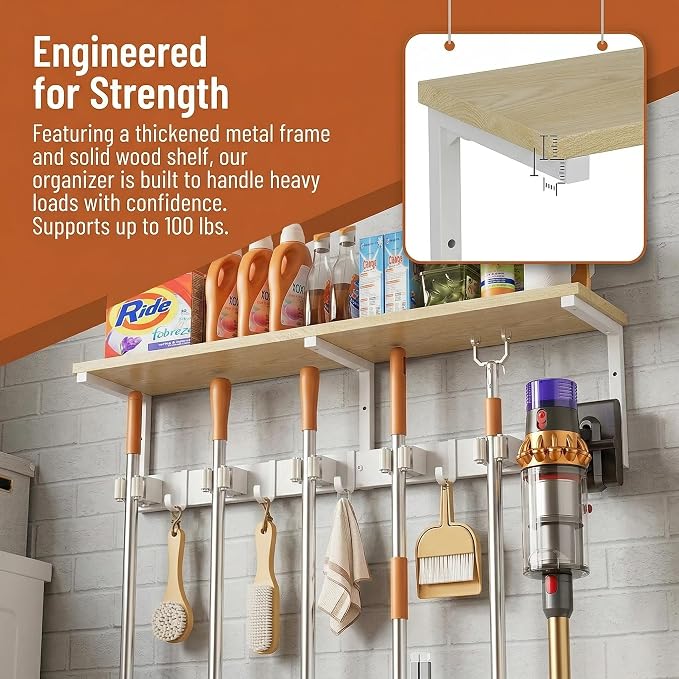 Upgraded Broom Holder Wall Mount with Shelf, Mop and Broom Organizer Wall Hanging, Cleaning Supplies Organizer with 5 Grippers, 4 Hooks and Vacuum Holder for Laundry Room, Garage, Kitchen - Image 7