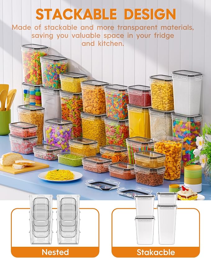 KEMETHY 30 PCS Airtight Food Storage Containers with Lids, Kitchen Pantry Organization and Storage, BPA-Free Plastic Scale Food Canisters for Cereal, Flour, Sugar, Dry Food, Include Labels & Marker - Image 6