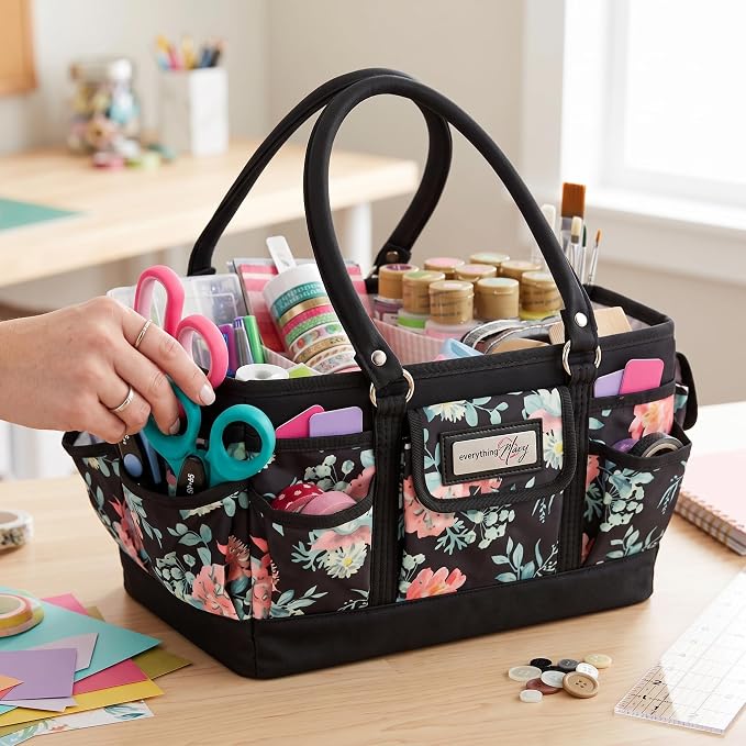 Everything Mary Deluxe Store & Tote Organizer – Black & Floral Craft Bag with Handle – Sewing, Scrapbooking & Art Supply Caddy – Stylish Storage for DIY Projects - Image 9