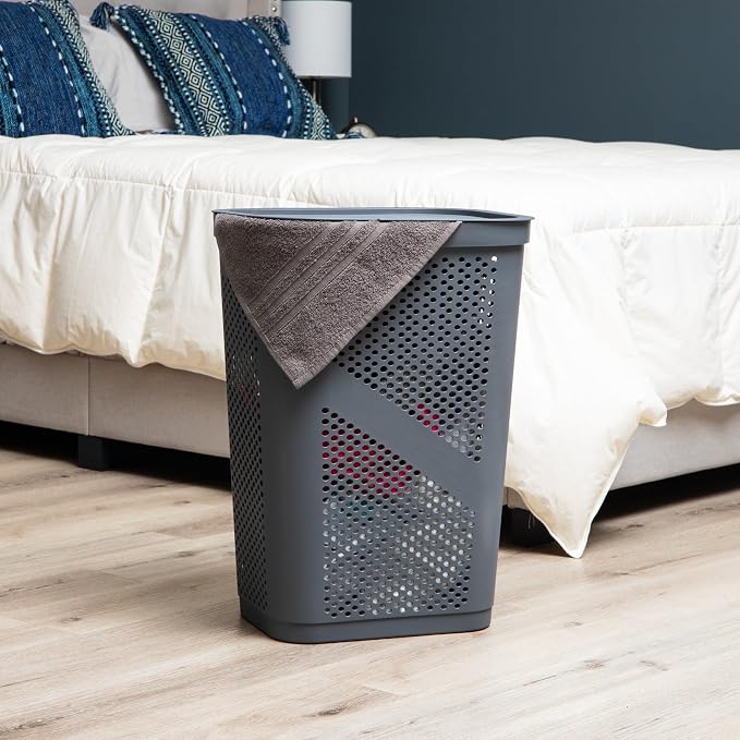 Mind Reader 60L Slim Laundry Hamper, Clothes Basket, Lid, Ventilated, Plastic, Set of 2, Gray - Image 2