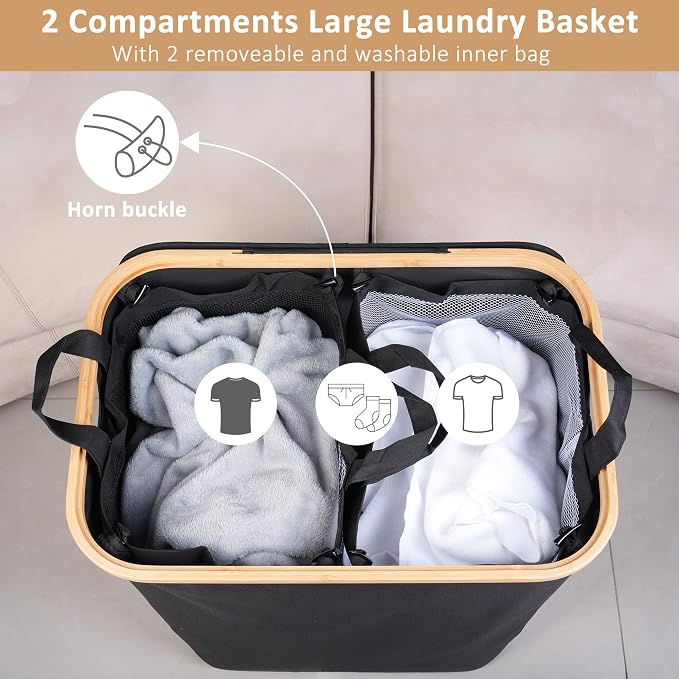 IEGrow Laundry Hamper with Lid,150L Laundry Basket with 2 Mesh Bags,Black - Image 3