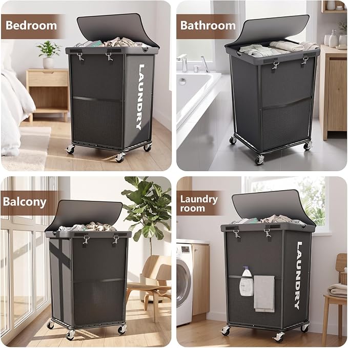 Laundry Hamper with Wheels and Lid, 150L Large Rolling Laundry Basket Gray - Image 6