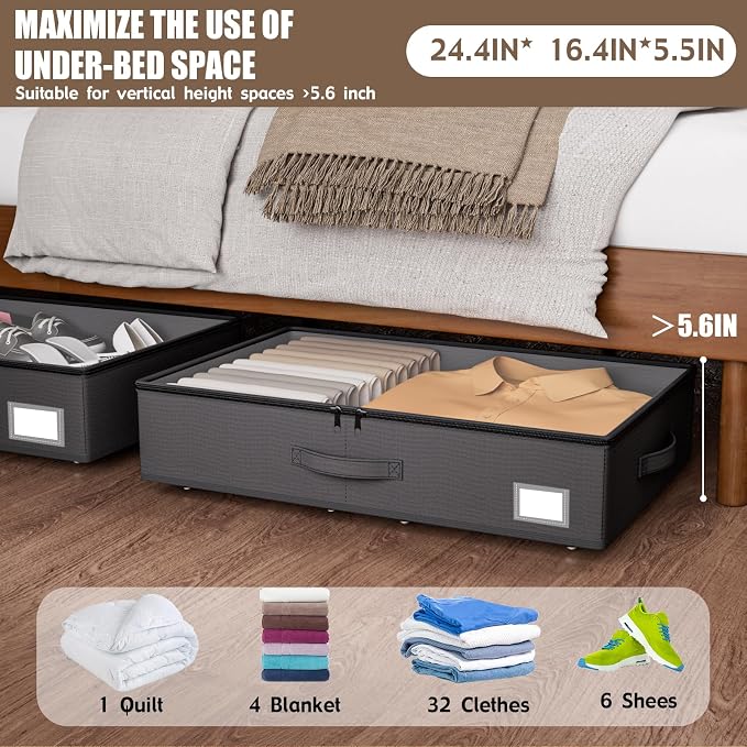 EE-RoomWorld Underbed Storage With Wheels, No Assembly Required - 5.5 Inch Height Black Underbed Bins, Low Profile Rolling Shoe Storage Containers for Dorm - Image 2