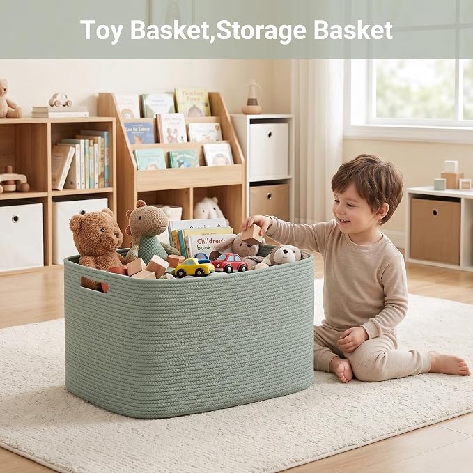 75L Green Cotton Rope Storage Basket, Large Rectangle Laundry Hamper with Handles, 22”x17”x12” Woven Blanket and Toy Basket for Living Room, Bedroom and Nursery - Image 4