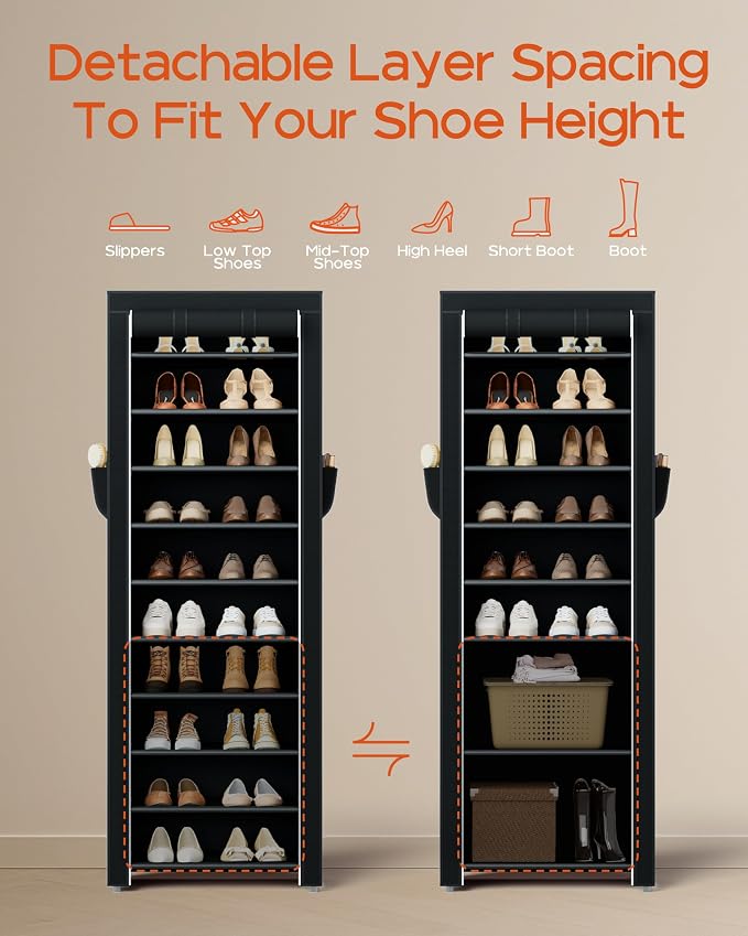 CASAMAYA Shoe Rack with Covers, 10 Tiers Tall Shoe Rack Organizer, Large Capacity Shoe Shelf Storage, Hold 20 Pairs of Shoes, Vertical Shoe Storage Organizer for Closet, Entryway, Black, SRT102B01 - Image 4