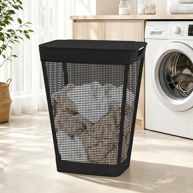 STO STO 75L Laundry Hamper with Lid, Black Clothes Hamper with Handles, Breathable Vinyl Mesh Laundry Basket, Sturdy Steel Frame, Space Saving Laundry Bin for Bathroom, Bedroom, Dorm, Small Spaces - Image 2