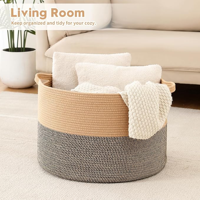 Foldable Laundry Hamper Basket with Collapsible Handle Cotton Rope Soft Woven Fabric Storage Organizer Clothes Toys Nursery Bedroom Dorm Space Saving Bin (Camel & Mix Camel, 65L(19.7"D x 12.6"H)) - Image 2