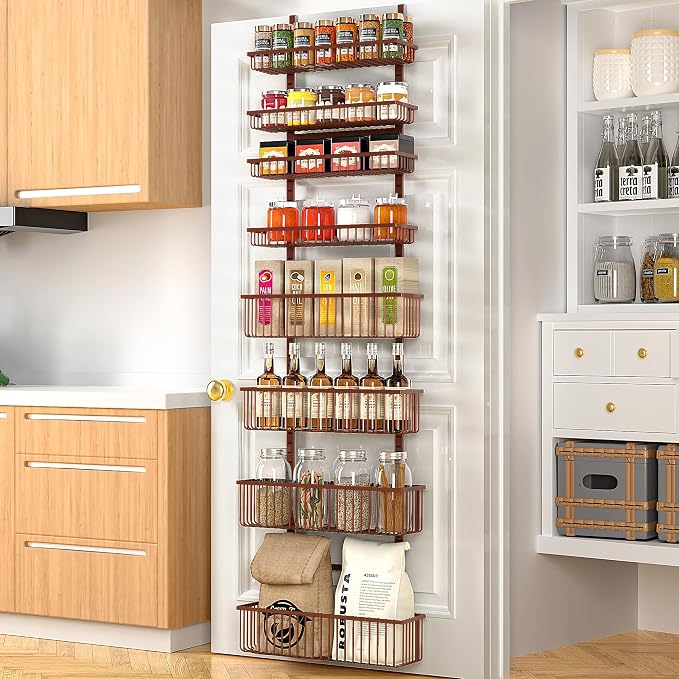 Moforoco Over The Door Pantry Organizer, Pantry Door Organizer Shelves, Kitchen Organizers and Storage, Hanging Basket Wall Spice Rack Seasoning Shelves, Laundry Room Bathroom accessories（Brown ） by MOFOROCO