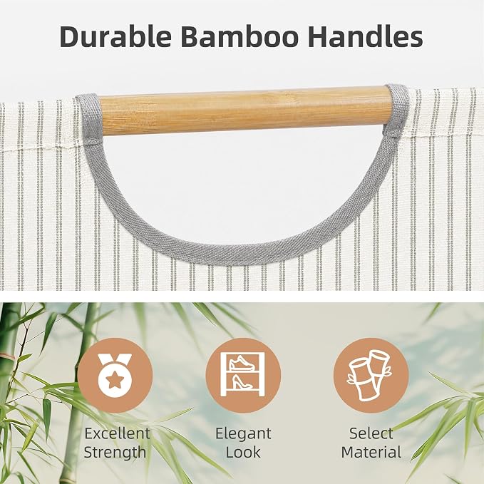 STORAGE MANIAC 2-Pack Large Laundry Hamper, 100L (26.4 Gal) Collapsible Laundry Basket with Bamboo Handles, Freestanding Waterproof Clothes Hamper for Laundry Room, Bedroom, Dorm, Towels, Stripe - Image 4