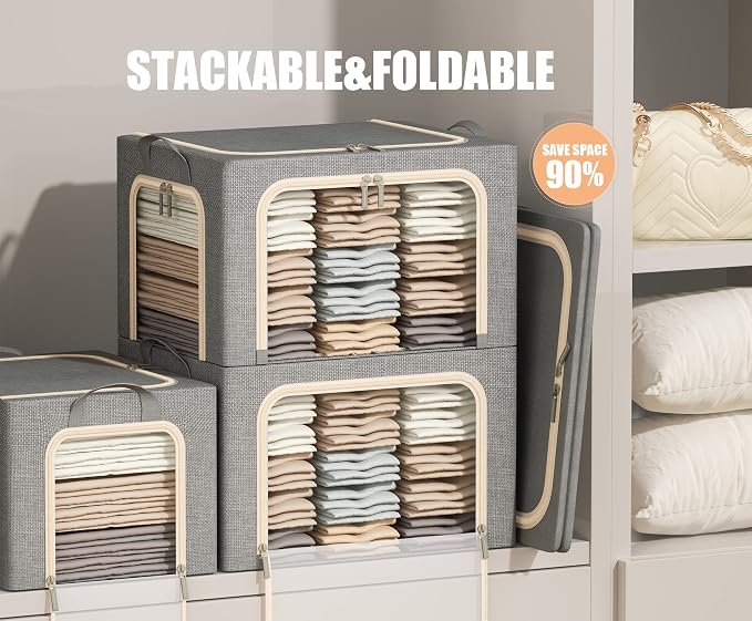 3 Openings Clothes Storage Bins with Metal Frame, Foldable Storage Bin for Clothes, Clothing Storage Bins with Lid, Linen Storage Box With Clear Window＆ Zippers＆ Durable Handles.(3 Pcs,Light Grey,40L) - Image 2