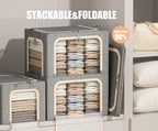 3 Openings Clothes Storage Bins with Metal Frame, Foldable Storage Bin for Clothes, Clothing Storage Bins with Lid, Linen Storage Box With Clear Window＆ Zippers＆ Durable Handles.(3 Pcs,Light Grey,40L) - Image 2