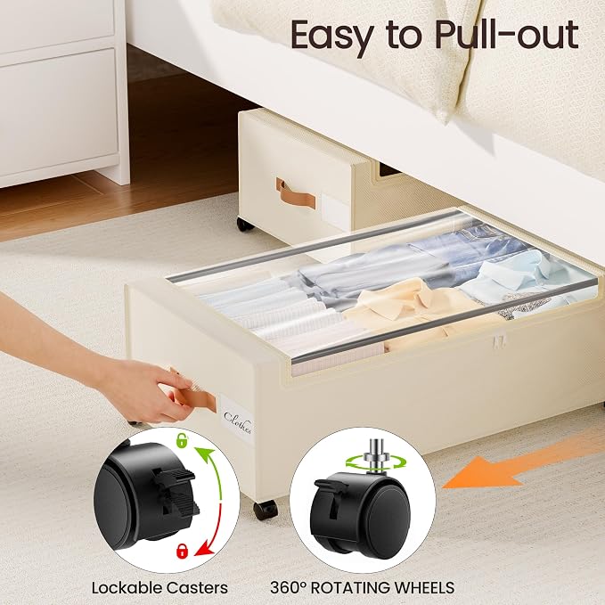 Yecaye 95L Under Bed Storage Containers, Fits 11" Under Bed, 2 Pack, Beige | XXL Capacity, 360° Rolling Wheels, Sturdy Metal Frame, Clear Window & Label, Storage Bins for Clothes, Shoes, Blankets - Image 6