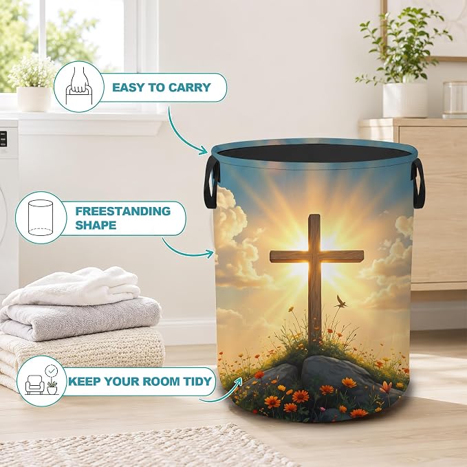 Cross Wildflower Collapsible Laundry Hamper,Easter Sunrise Flowers Waterproof Oxford Cloth Clothes Basket with Handles for Bathroom Bedroom Nursery Dorm Room,16" x 20" - Image 3