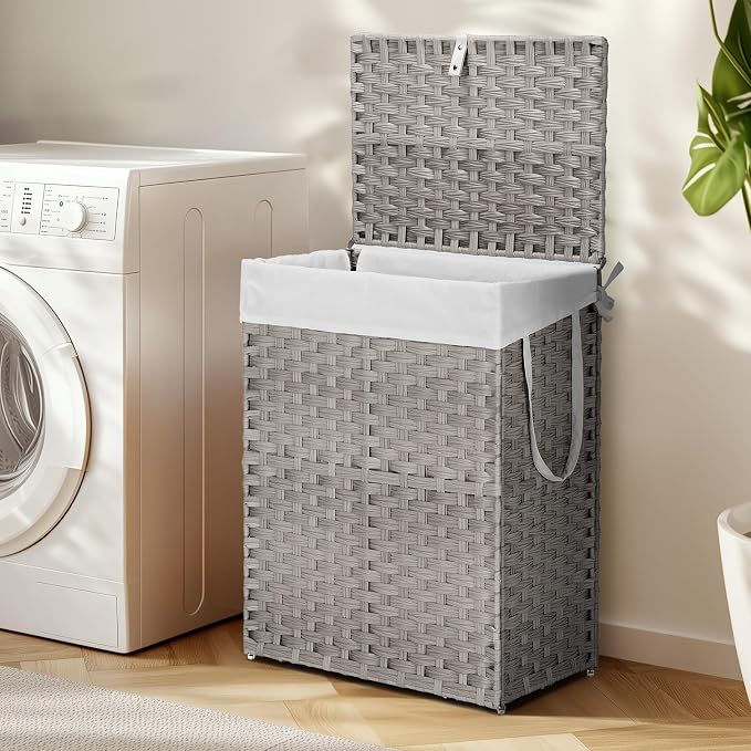 DUMOS Woven Laundry Basket with Lid, 90L Large Capacity Hamper, Removable & Machine-Washable Liner, Foldable Rattan Clothes Hamper, Sturdy Steel Frame, Odor Control, Dove Gray - Image 6