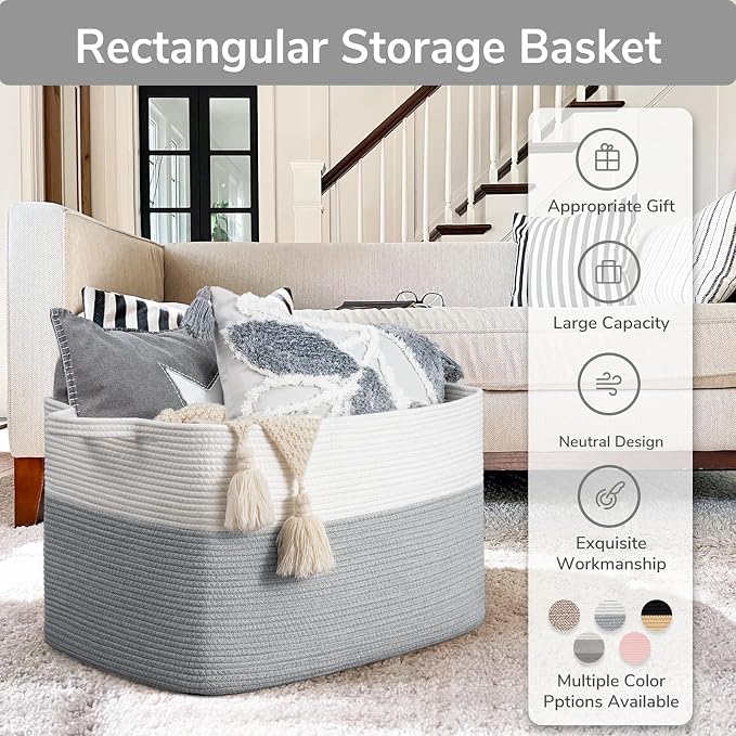 Goodpick 85L Large Woven Rope Blanket Basket, Rectangle, White Gray - Image 7