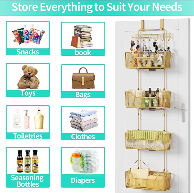 HapiRm Over The Door Organizer - Hanging Door Organizer with 4 Metal Large Capacity Baskets and Adjustable Coat Hook for Bathroom Bedroom Kitchen Pantry Closet Cabinet - Image 4