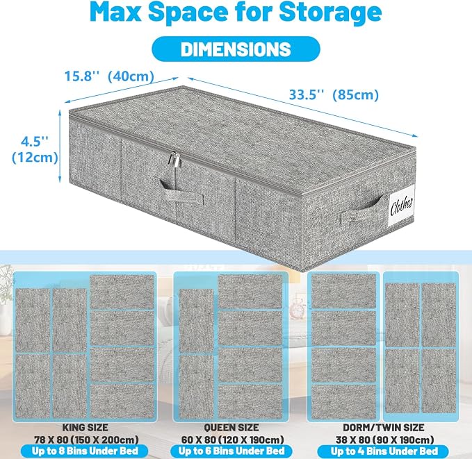 Under Bed Storage Container Bins 2 Pack, 4.5 Inch Slim Low Profile Underbed Clothes Storage Organizer for Dorm & Home, Use for Blanket and Toy Storage Box W/ Sturdy Bottom/Sides, Foldable Thick Fabric - Image 4
