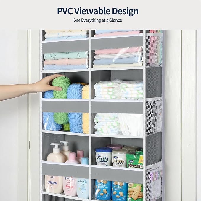 Yecaye Over The Door Organizer, 6 Tier Extra Large Behind Door Storage of 12 Compartments, 80lbs Heavy Duty Door Organizer Hanging with Clear Window for Closet Bedroom Pantry Bathroom, Grey - Image 4