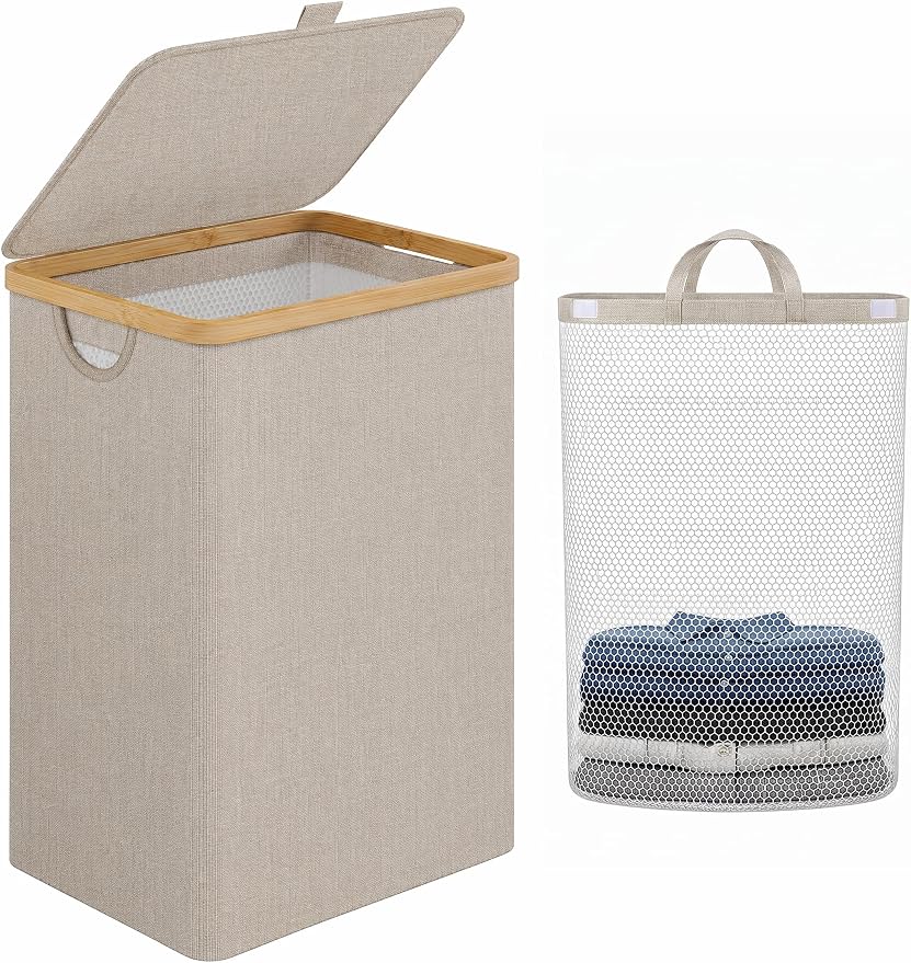 IEGrow Laundry Hamper with Lid,85L Laundry Basket with Mesh Bags,Oatmeal by iEGrow