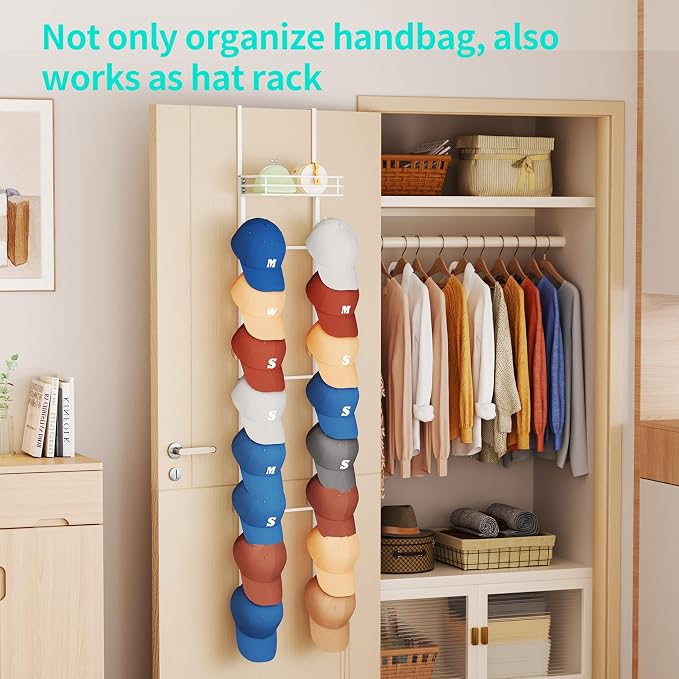 HapiRm Over the Door Purse Organizer - Wall Mounted Purse Rack with 16 Hooks and Metal Basket, Hanging Handbag Organizer Holds up to 16 Bags, Bag Rack Can Use As 1/2 Part, for Door, Closet (White) - Image 8