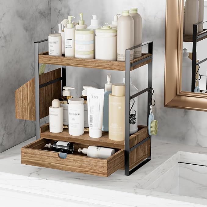 2-Tier Bathroom Counter Organizer, Wooden Vanity Shelf with Drawer & Basket - Image 4