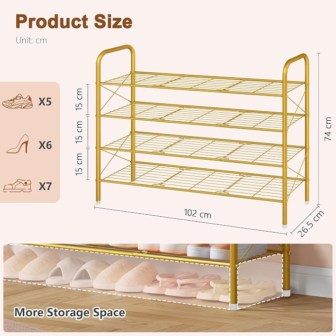 Hoctieon 4 Tier Mesh Style Shoe Rack, Entryway Shoe Shelf, Shoe Storage Organizer, Shoe Rack for Closet, Space Save for Bathroom, Garage, Hallway, Bedroom, Living Room, Gold - Image 3
