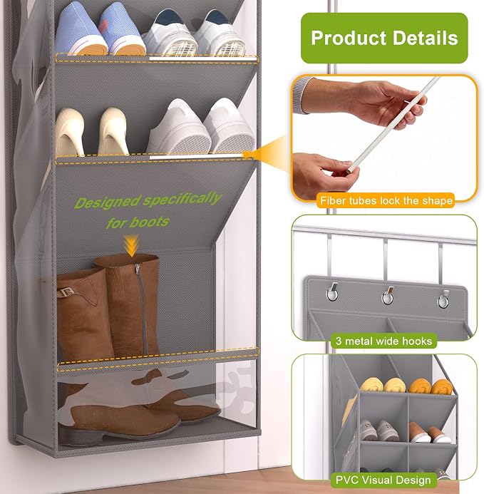 Over the Door Shoe Organizer for 16-20 Pairs, Gray - Image 2