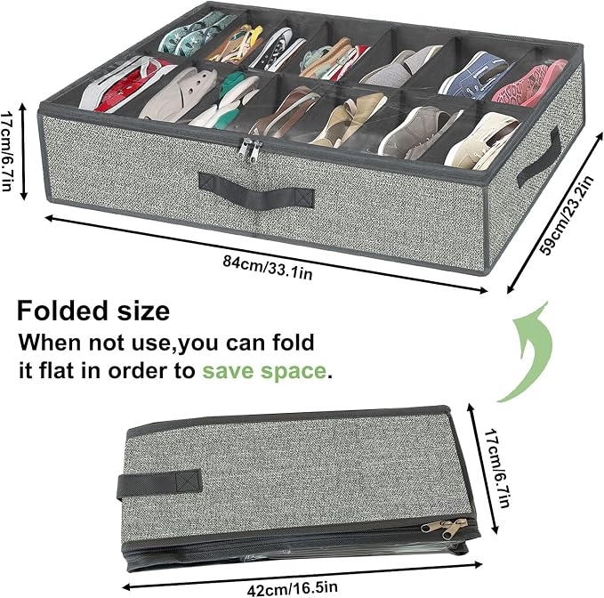 homyfort 28 Pairs Shoe Organizer Under Bed, Underbed Shoe Storage Boxes Bins, Organizador De Zapatos, Extra Large Zapateras Organizer, Grey, Set of 2 - Image 3