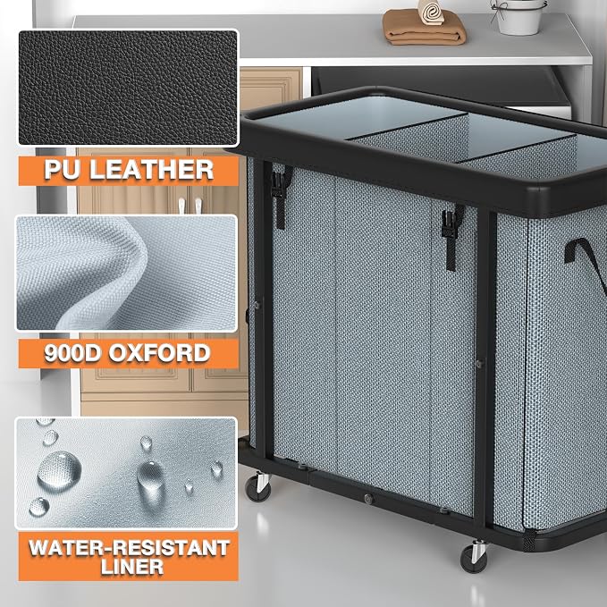 Laundry Basket with Wheels, 230L(60Gal) Laundry Sorter 3 Section - Gray - Image 2
