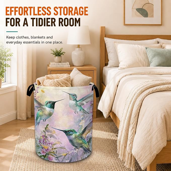 Hummingbird Laundry Basket with Handles,Purple Flower Foldable Oxford Laundry Hamper,Collapsible Clothes Storage Basket for Laundry Room/Bathroom/Bedroom/Dormitories 20.8 x 16 Inches - Image 6