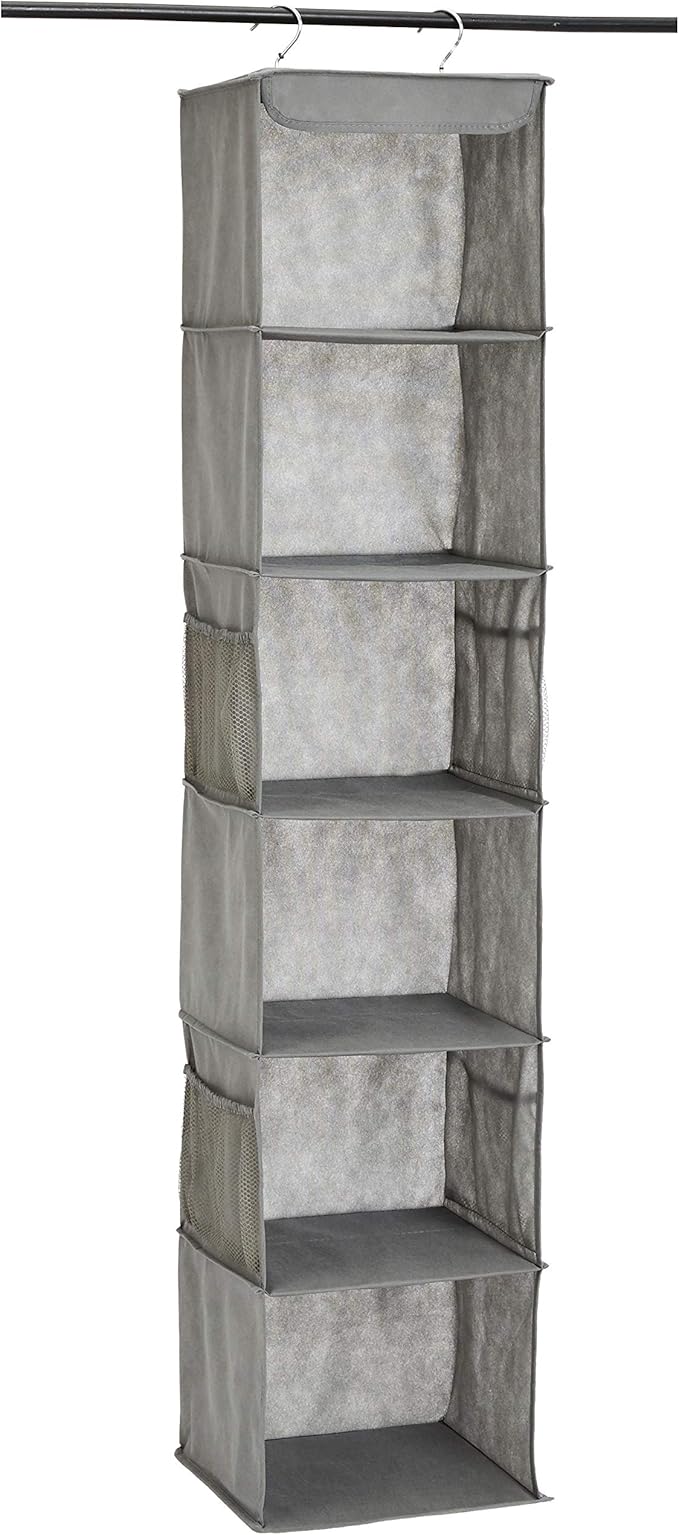 Amazon Basics 6-Tier Hanging Closet Shelf Organizer with Pockets, Clothes Storage for Sweaters and Clothing, 12" W x 9" L x 8.5" H, Grey | Organizer by AmazonBasics