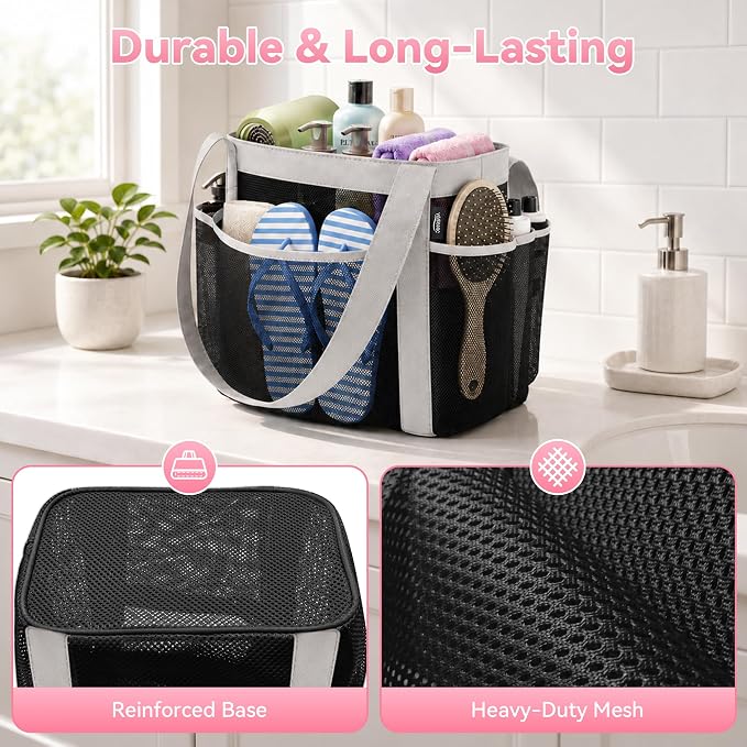 YASONIC Double Handles Mesh Shower Caddy Portable for College Dorm Essentials, 8 Pockets Large Capacity Shower Organizer for Girls, Quick-Dry Hanging Toiletry Bag for Bathroom Travel, Black&Grey - Image 3