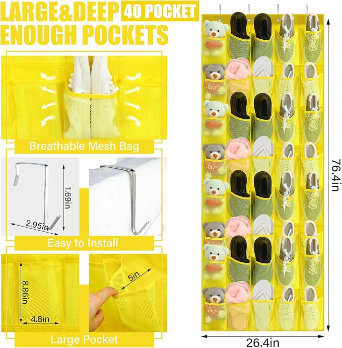 Windyun 1 Pcs 40 Pocket Over the Door Shoe Organizer Hang,Yellow - Image 2