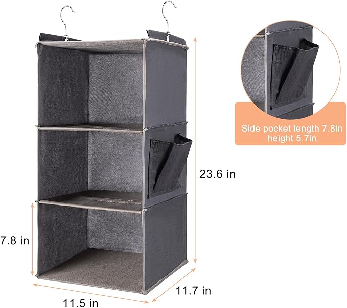 Hanging Closet Organizer and Shelves,3 Shelves with 1 Side Pockets (Grey) | Foldable, Grey Fabric, Modern Style, for Bedroom and Dorm Room - Image 3