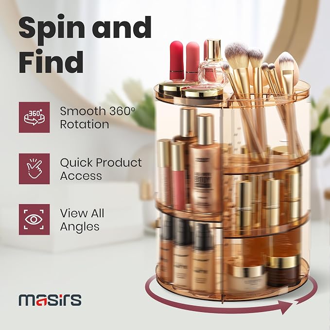 Masirs 360 Rotating Makeup Organizer Countertop, Adjustable Shelf, Brown - Image 4