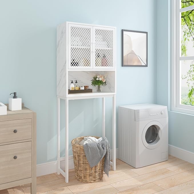 Launica Over the Toilet Storage Cabinet, Over Toilet Bathroom Organizer with Mesh Doors and Shelves, Freestanding Bathroom Storage Cabinet Above Toilet, Wood and Marble, White Marble - Image 7