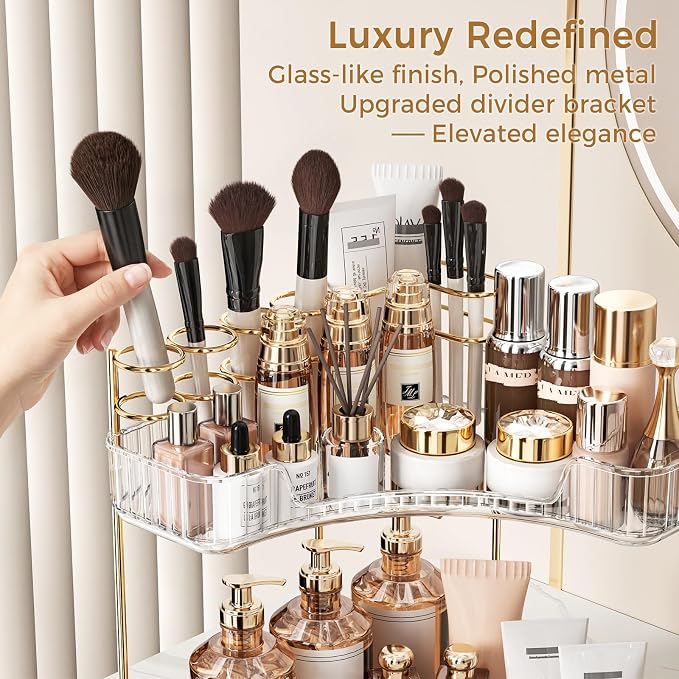 BEFSOP Corner Bathroom Counter Organizer, Upgraded 3-Tier Makeup Organizer Countertop with Makeup Brush Holder, Skincare Exquisite Vanity Organizers Countertop Bathroom Storage Dresser(CLEAR) - Image 4