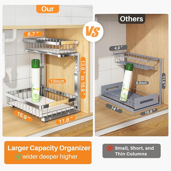 PXRACK Under Sink Organizer, Adjustable Height, 2 Tier Pull Out Cabinet Organizer, Slide Out Thickened Metal Storage for Kitchen Bathroom Laundry Pantry Cabinet, Stainless Steel, Silver, Large-1-Pack - Image 2