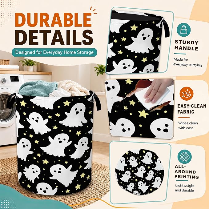Ghosts Laundry Basket with Handles,Halloween Foldable Oxford Laundry Hamper,Collapsible Clothes Storage Basket for Laundry Room/Bathroom/Bedroom/Dormitories 20.8 x 16 Inches - Image 3