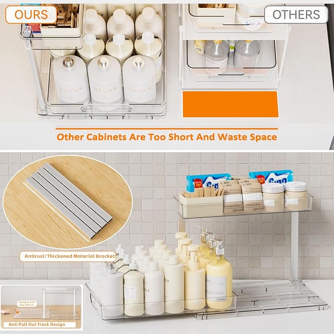 Yieach 2 Pack 14.6″ Deep Pull Out Under Sink Organizer,10.8″ High 2 Tier Slide Out Cabinet Organizer for Kitchen Cabinet,Undersink Organizers,Under Sink Shelves,Bathroom Organizers and Storage,Clear - Image 6