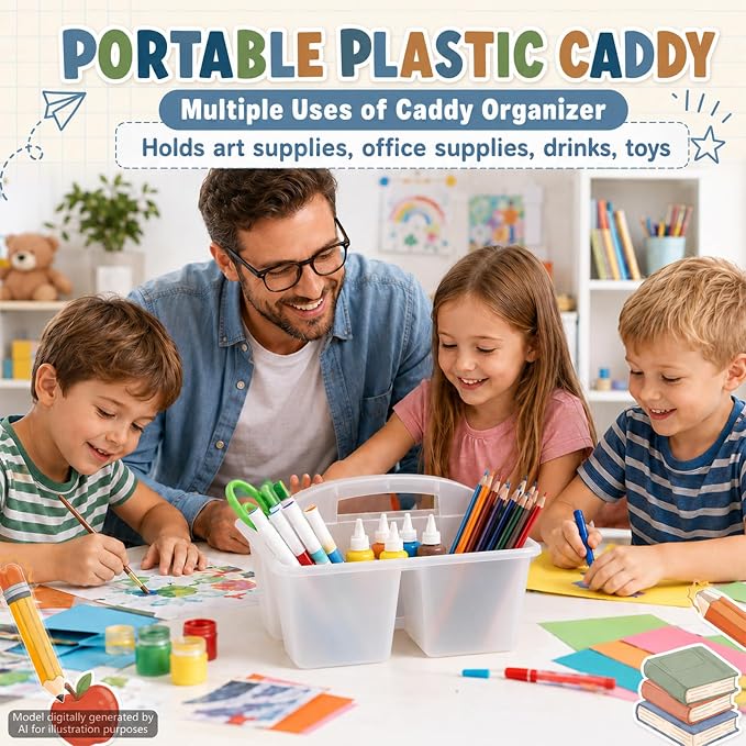 6 Pack Plastic Classroom Organizer Caddy with Handle, Clear - Image 5